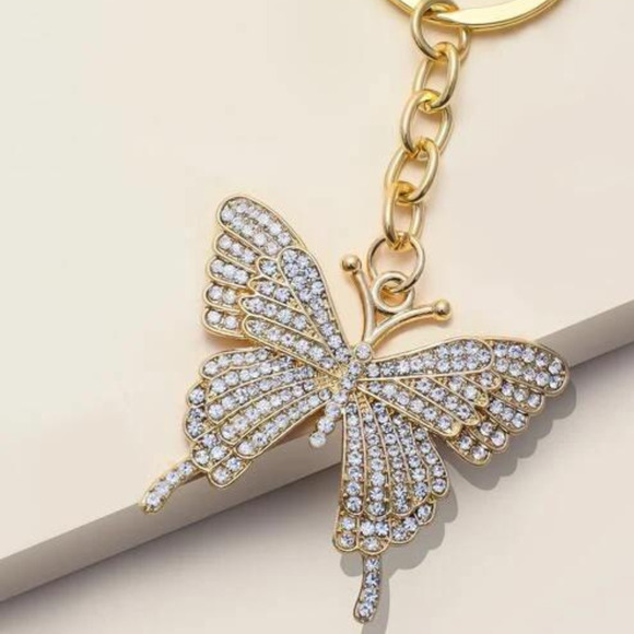 Rhinestone Butterfly Keychain Keyring Gold Link Butterfly Charm Pendant - Picture 7 of 14